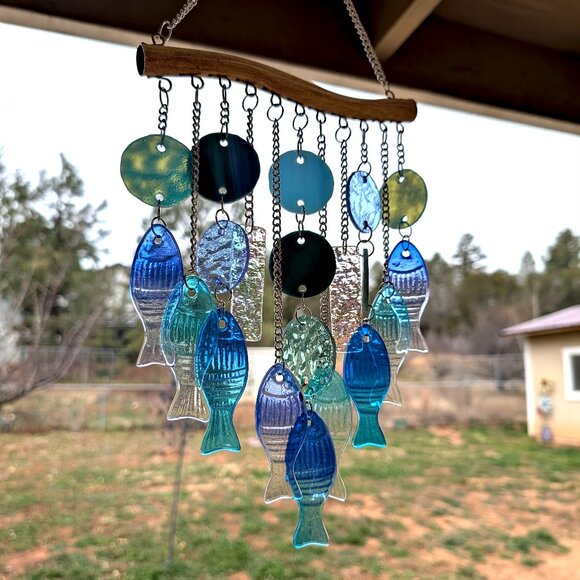 Peggy's Glass Art Other - Stunning Stained Glass & Blue Glass Fish Wind Chime - Beach Decor